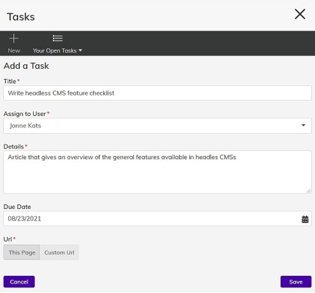 Agility CMS allows you to create tasks and assign them to team members